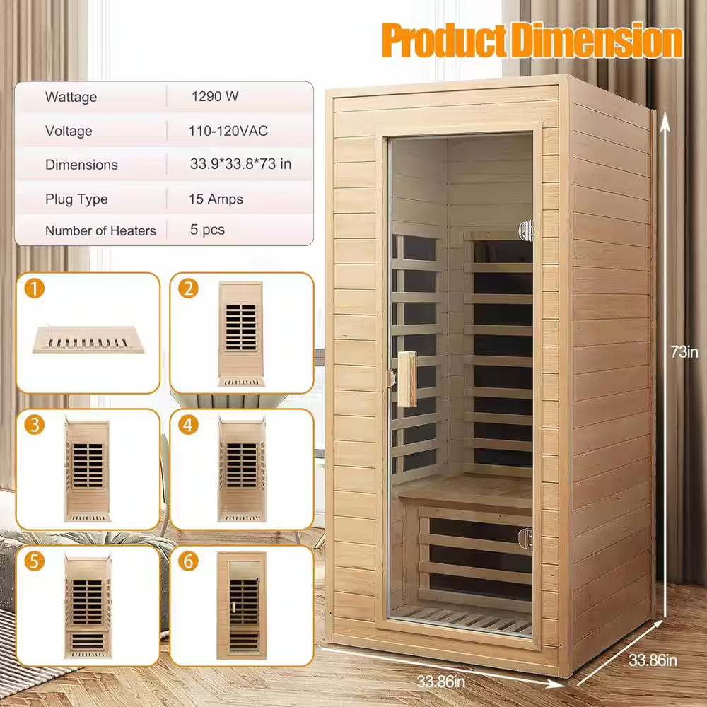 Moray 1-Person Indoor Hemlock Infrared Sauna with 5 Far-Infrared Carbon Crystal Heaters
