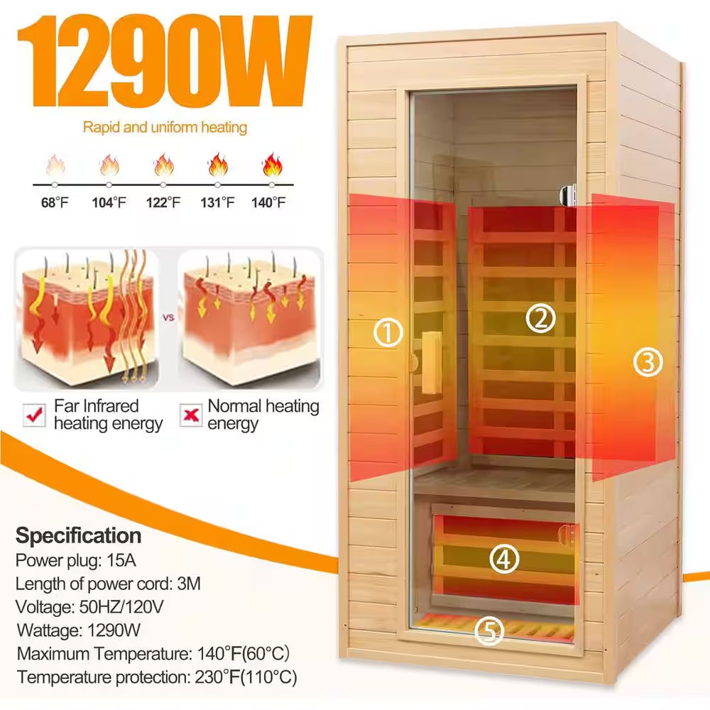 Moray 1-Person Indoor Hemlock Infrared Sauna with 5 Far-Infrared Carbon Crystal Heaters