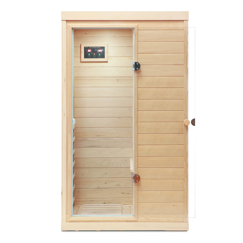 Hemlock Mini One Person Far Infrared Door on the Left of the Indoor Sauna Room