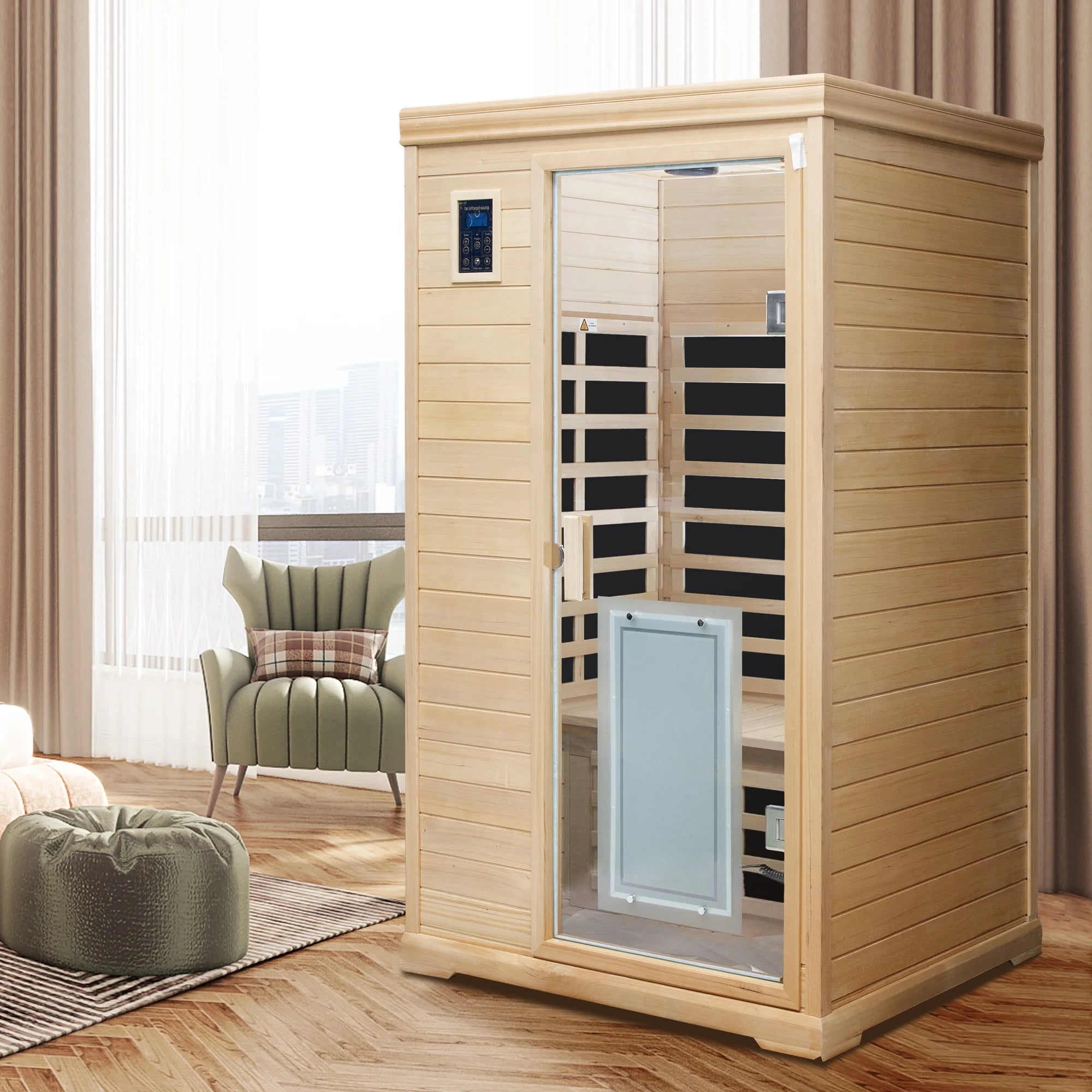 2 Person Far Infrared Sauna for Home, Canadian Hemlock Wood Indoor Dry Sauna with 8 Carbon Heating Panels, Dual Controls, Color Therapy Beauty Light, Bluetooth Speakers