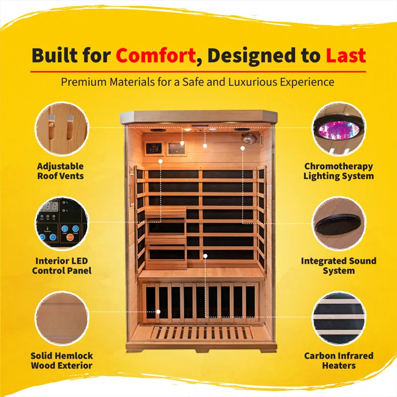 2-Person Hemlock Infrared Sauna with 6 Carbon Heaters