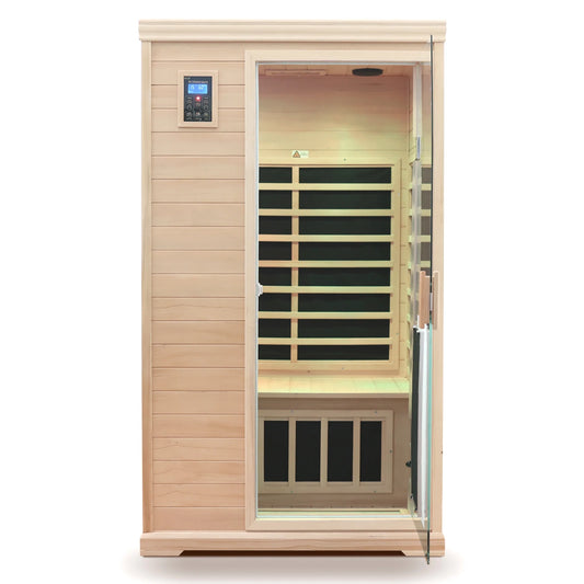 2 Person Far Infrared Sauna for Home, Canadian Hemlock Wood Indoor Dry Sauna with 8 Carbon Heating Panels, Dual Controls, Color Therapy Beauty Light, Bluetooth Speakers