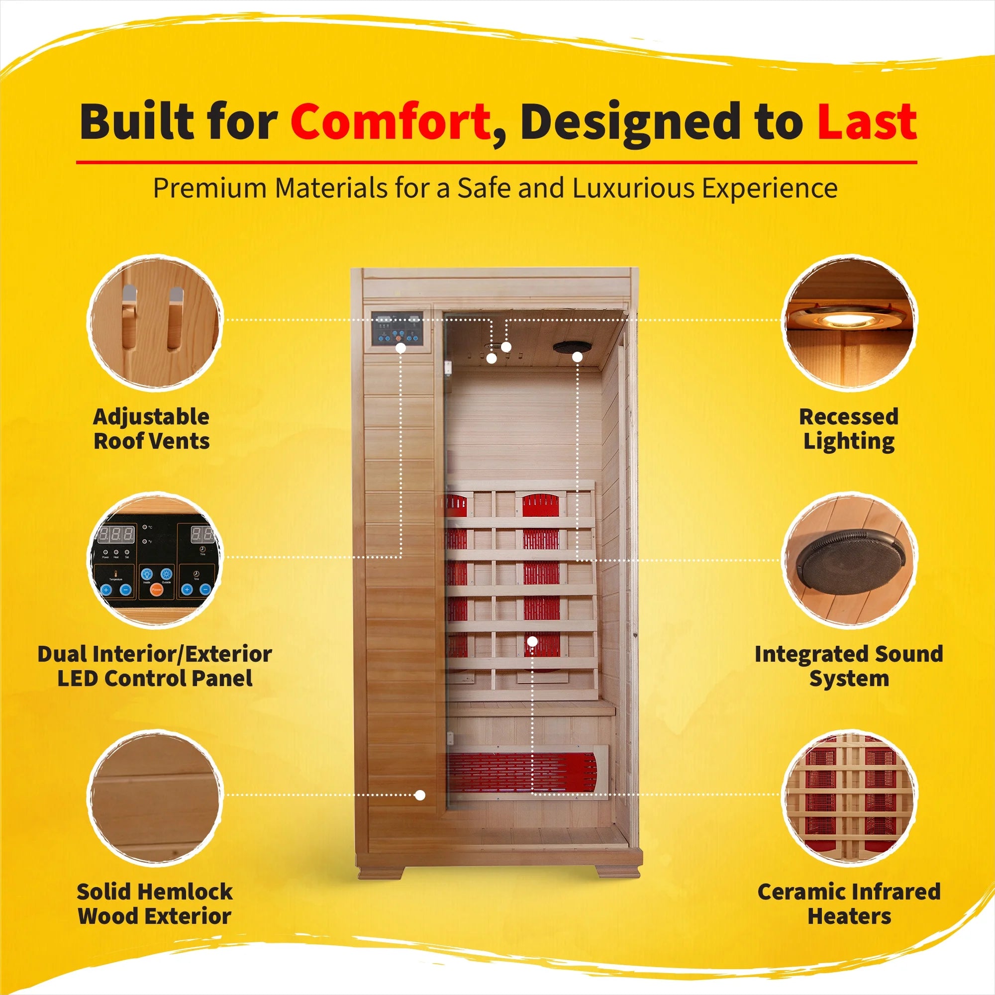 Buena Vista 1-2 Person Hemlock Infrared Sauna with 3 Ceramic Heaters, 75" H