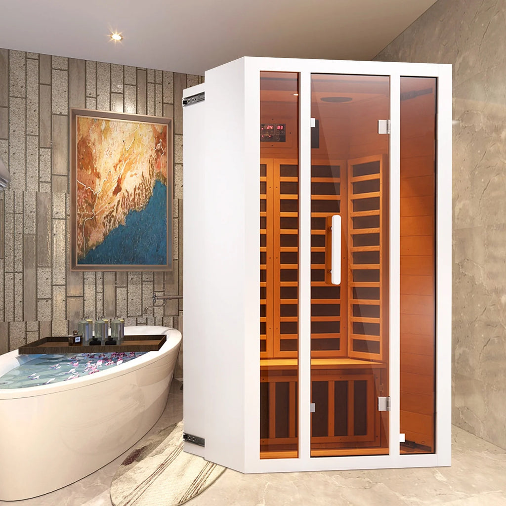 2 Person Extendable FAR Infrared Sauna for Home, Hemlock Wood Low EMF 6 Carbon Heaters Indoor Saunas with LED Lights, Bluetooth Speaker, Digital Control Panel, and Seating Bench