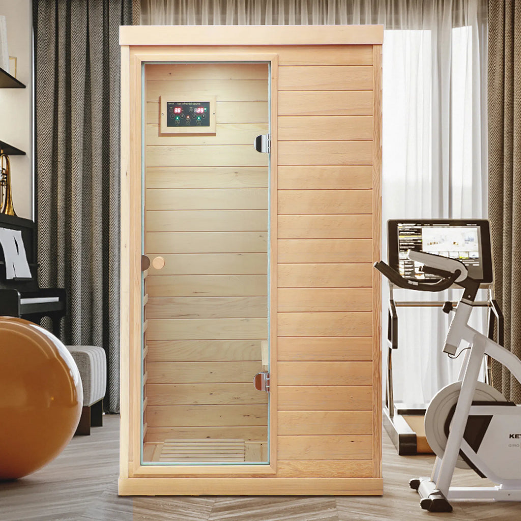 Hemlock Mini One Person Far Infrared Door on the Left of the Indoor Sauna Room