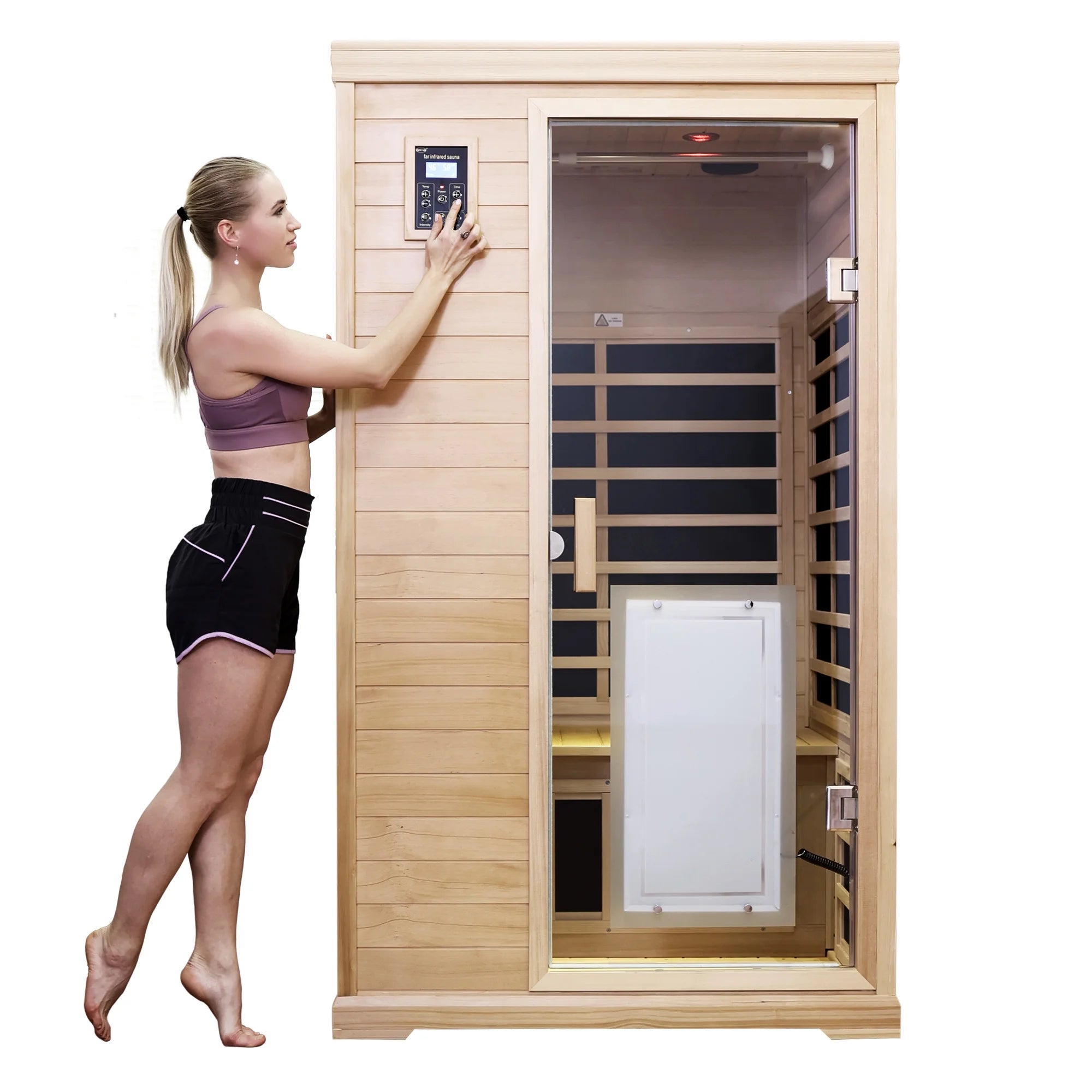 2 Person Far Infrared Sauna for Home, Canadian Hemlock Wood Indoor Dry Sauna with 8 Carbon Heating Panels, Dual Controls, Color Therapy Beauty Light, Bluetooth Speakers