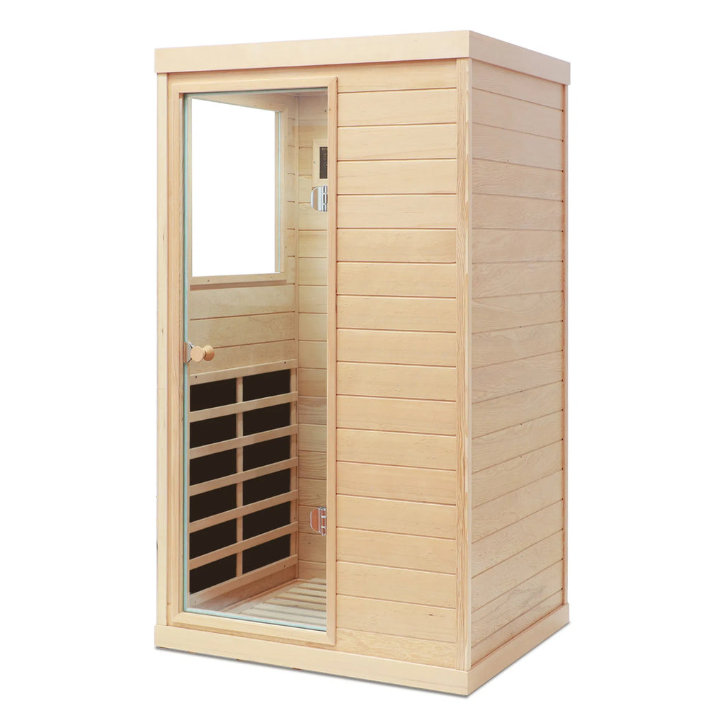 Hemlock Mini One Person Far Infrared Door on the Left of the Indoor Sauna Room