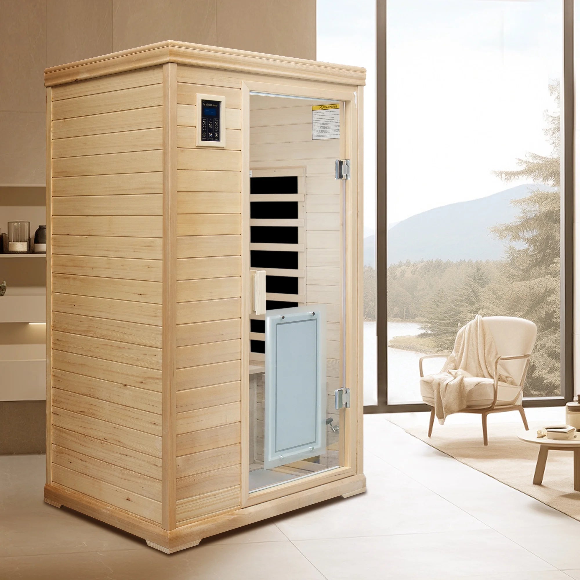 2 Person Far Infrared Sauna for Home, Canadian Hemlock Wood Indoor Dry Sauna with 8 Carbon Heating Panels, Dual Controls, Color Therapy Beauty Light, Bluetooth Speakers