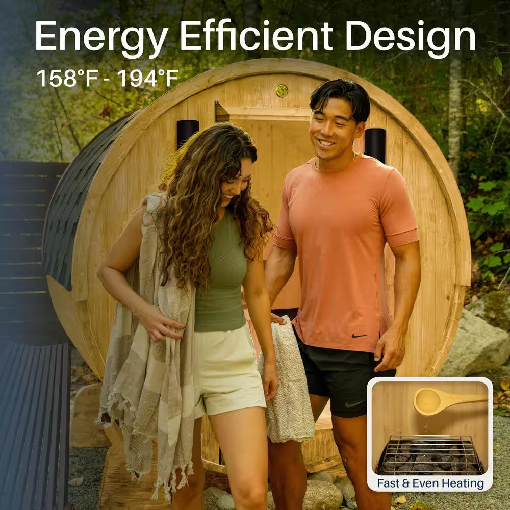 3-Person Capacity Outdoor White Finland Pine Wet/Dry Traditional Barrel Sauna with Black Accents